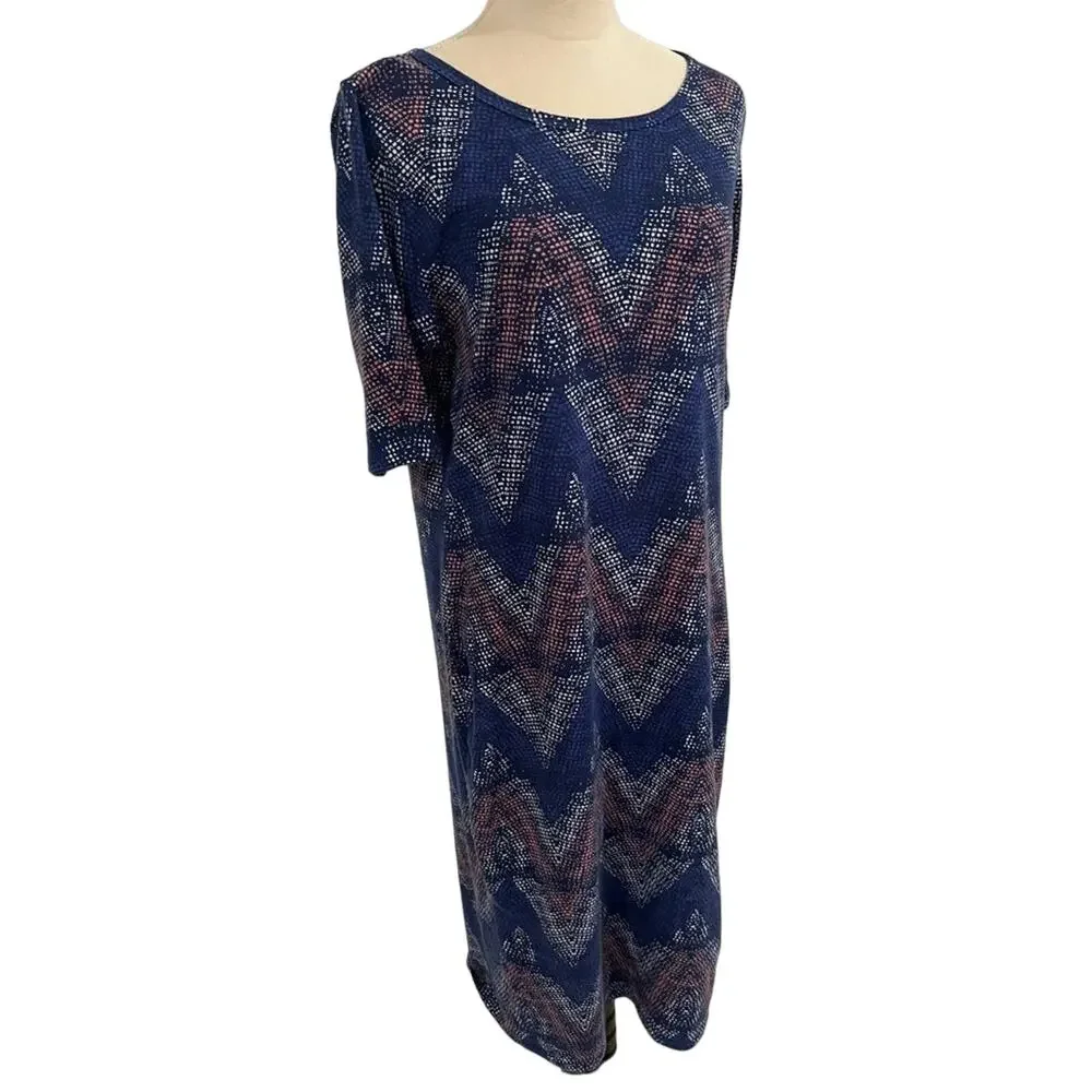 LuLaRoe Women’s Julia Geometric Design Blue White & Pink Knee Length Dress Sz XL
